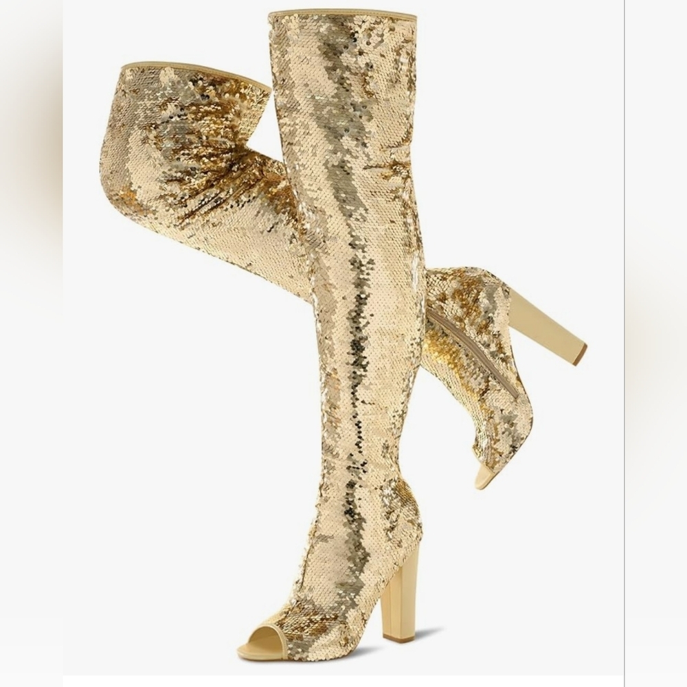 Gold Sequin Thigh High Boots